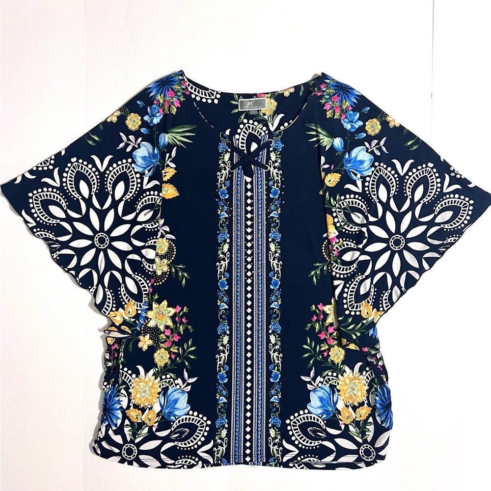 Jm Collection Navy Mixed Print Flutter Short Slee… - image 5